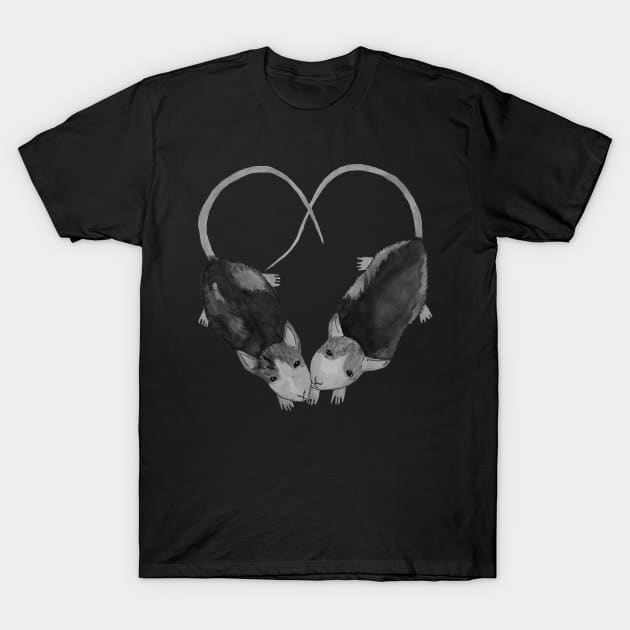 Two bnw rats in heart shape T-Shirt by deadblackpony